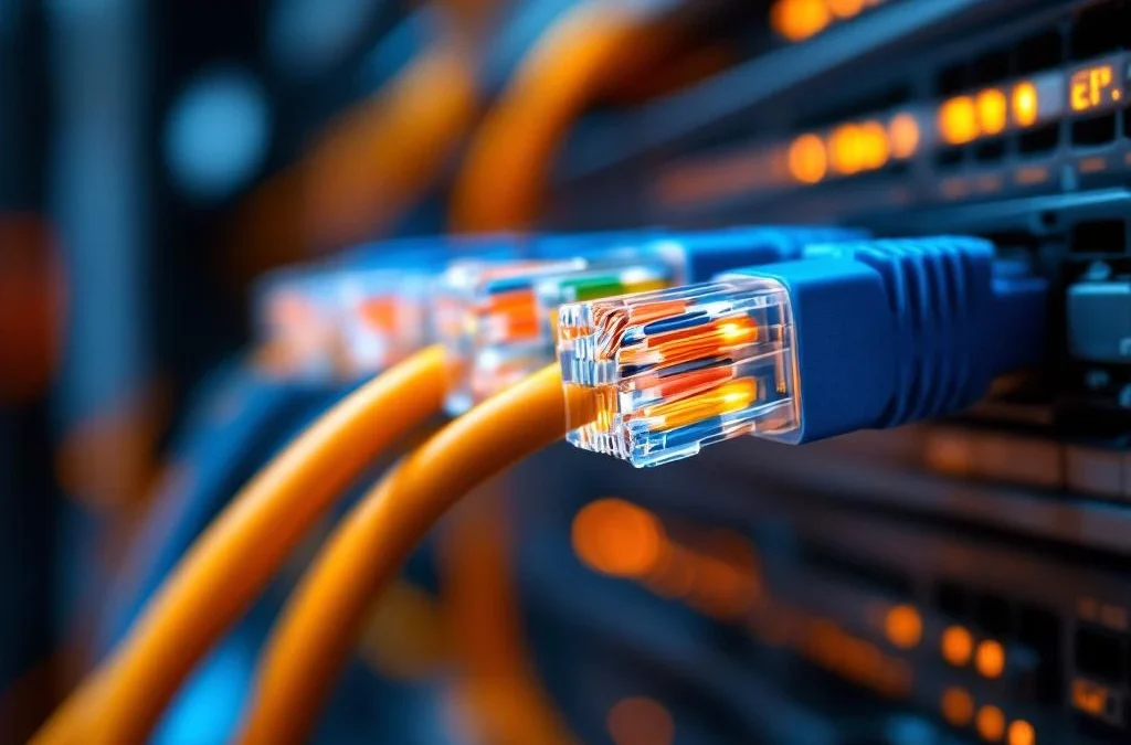 Professionele UTP netwerkkabels Cat5e, Cat6 en Cat6a met verschillende kleuren aangesloten op moderne patch panel