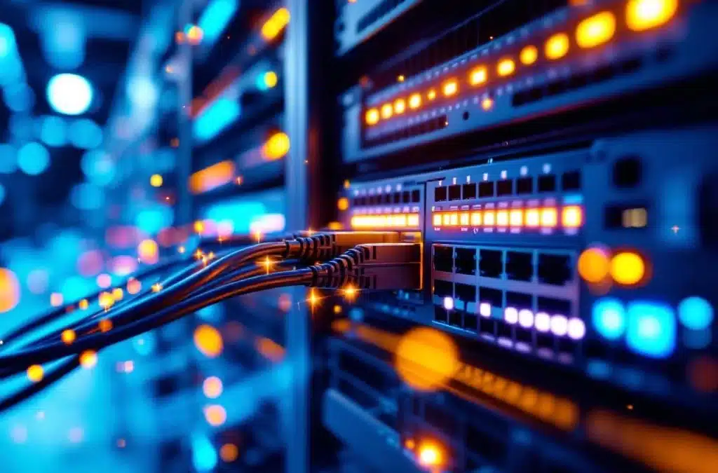 Moderne serverrack met blauwe LED-indicatoren en georganiseerde ethernetkabels in professioneel datacenter