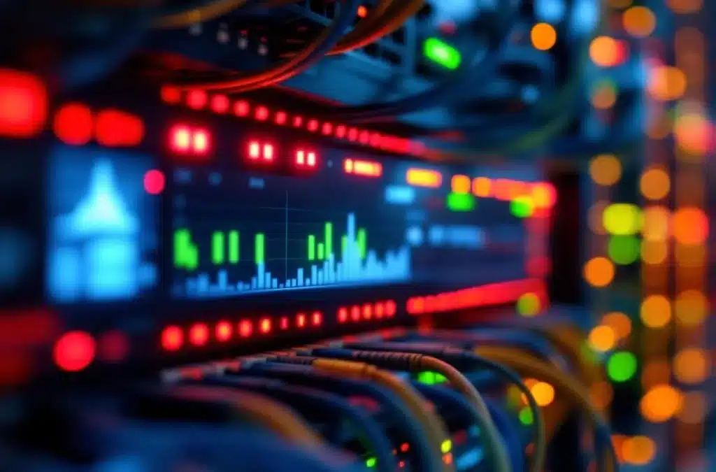Moderne serverrack met rode waarschuwingslampjes en groene statuslichten, verbonden door kleurrijke ethernetkabels