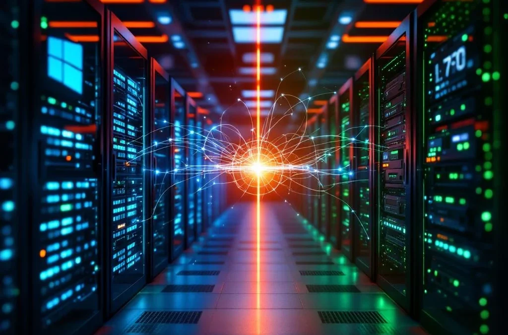 Split-screen datacenter met Windows servers (blauw licht) links en Linux servers (groen licht) rechts, verbonden door netwerkweb