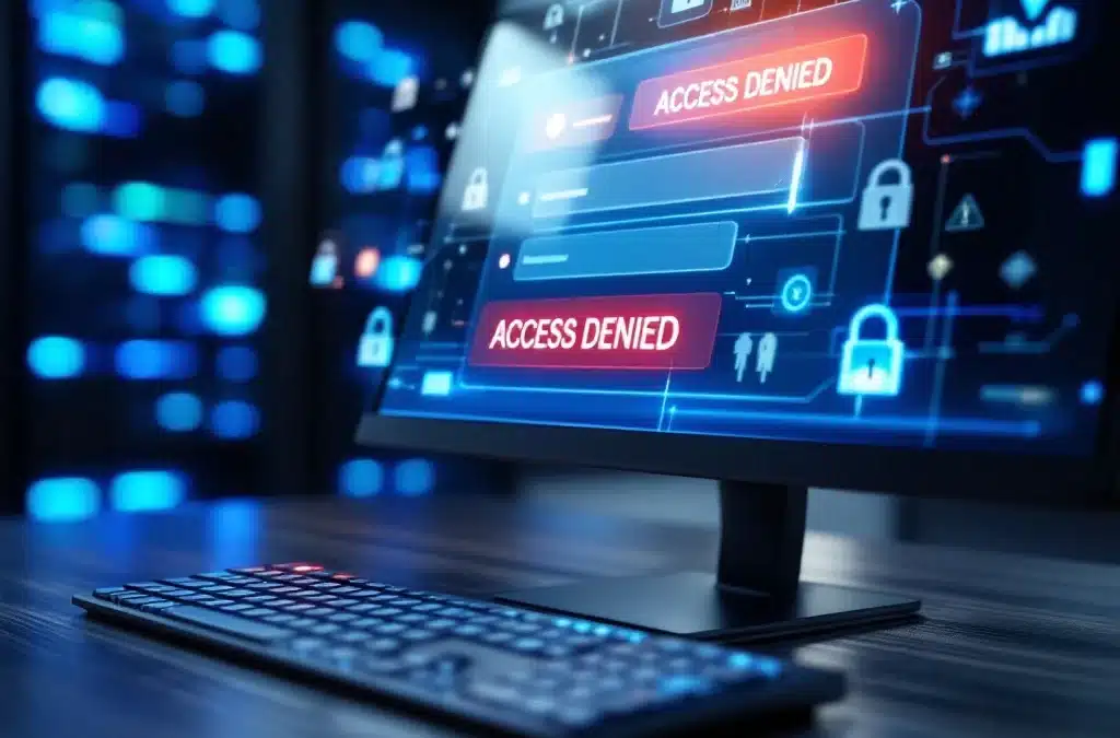 Computerscherm toont beveiligingspaneel met rode "TOEGANG GEWEIGERD" waarschuwingen, toetsenbord op bureau in IT-omgeving