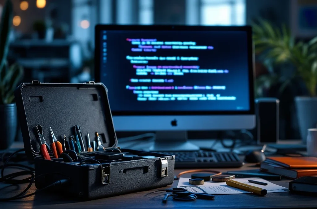 IT-reparatietoolkit met hersteltools en back-updrives voor kapotte computer met foutmeldingen op donker scherm