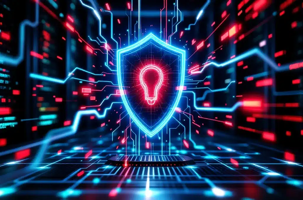 Digitaal beveiligingsschild beschermt serverrack tegen cyberaanvallen in donker datacenter met blauwe lichtstromen