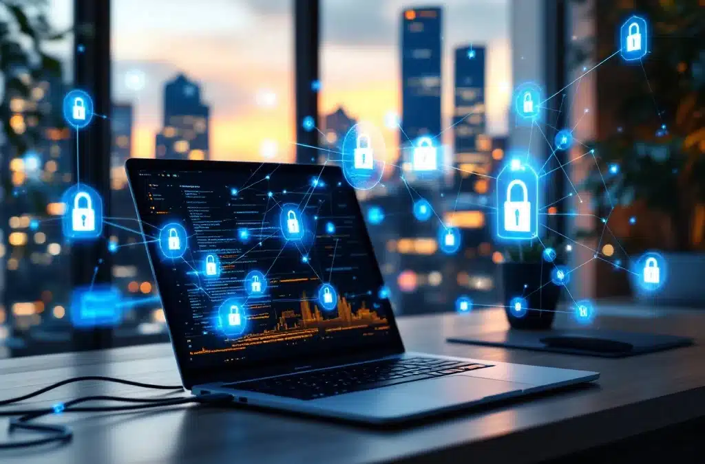 Laptop op bureau met digitale beveiligingsschilden en versleutelde datastromen naar bedrijfsgebouw buiten