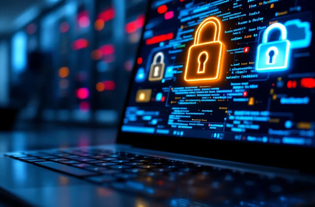 Computerscherm met gele hangslotpictogrammen op digitale bestanden, toetsenbord en servers met waarschuwingslichten op achtergrond