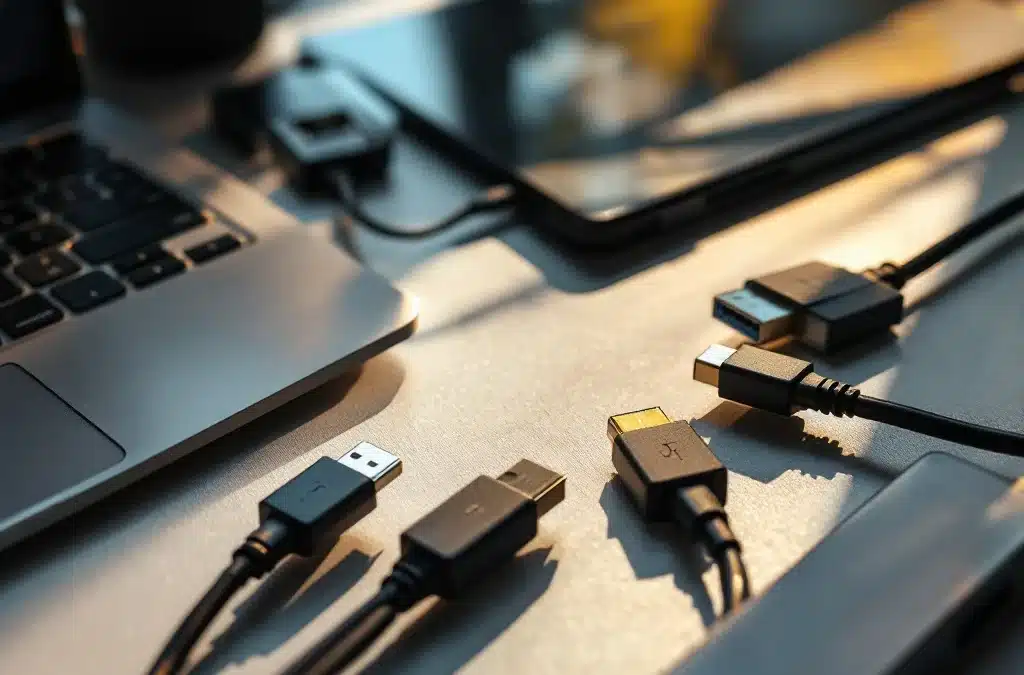 Elektronische apparaten en kabels op bureau met USB, HDMI en ethernet connectoren in professionele kantooromgeving