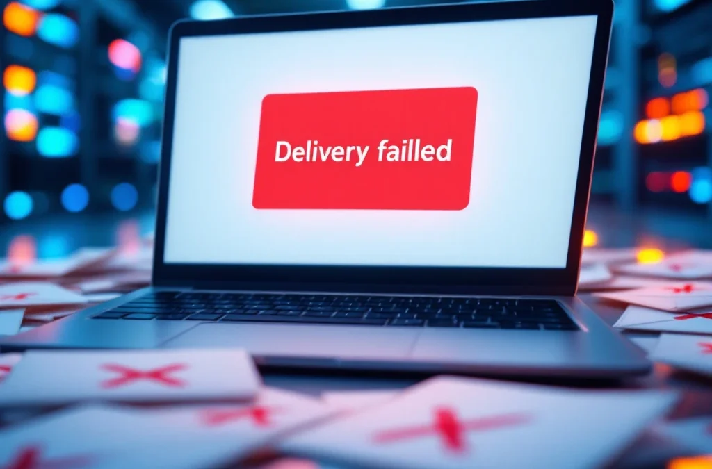 Laptop toont "bezorging mislukt" e-mailfout met rode waarschuwing, omringd door enveloppen met rode kruizen