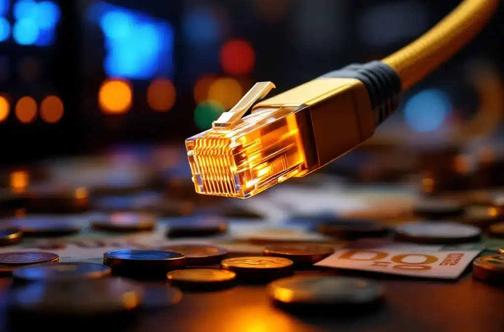 Gouden ethernet kabel met premium behuizing omringd door eurobiljetten en munten tegen donkere achtergrond