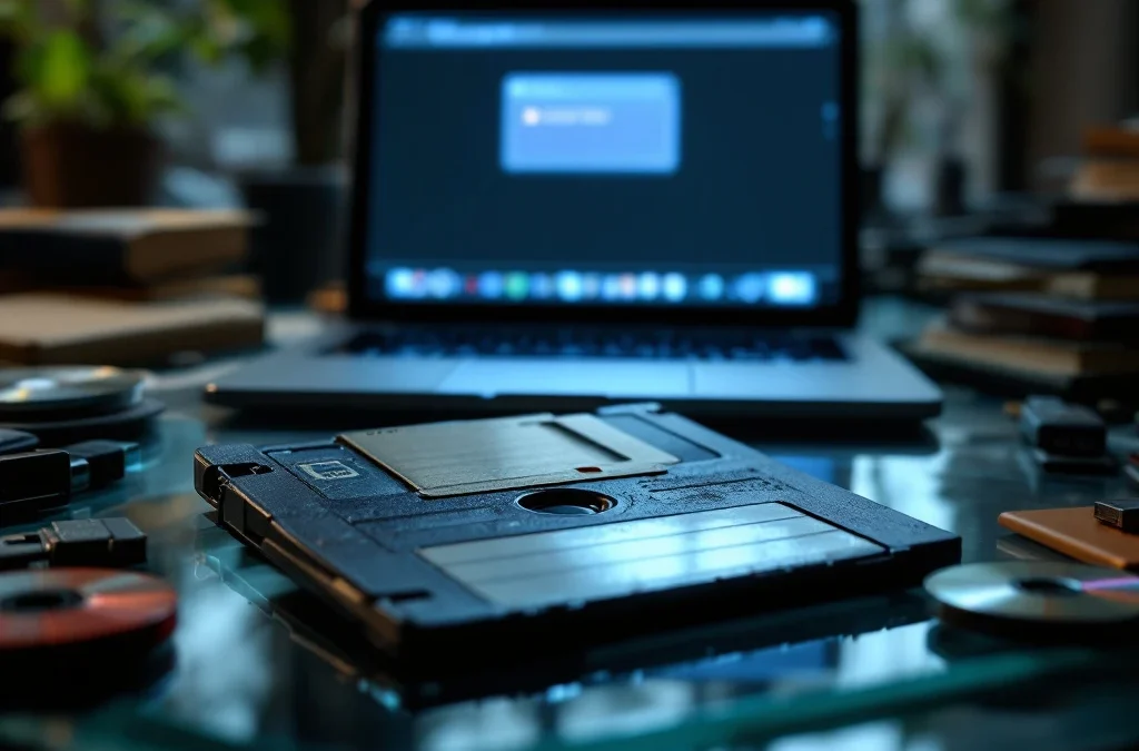 Oude floppy disk op glazen bureau met moderne laptop en foutmelding op scherm, omringd door vintage opslagmedia