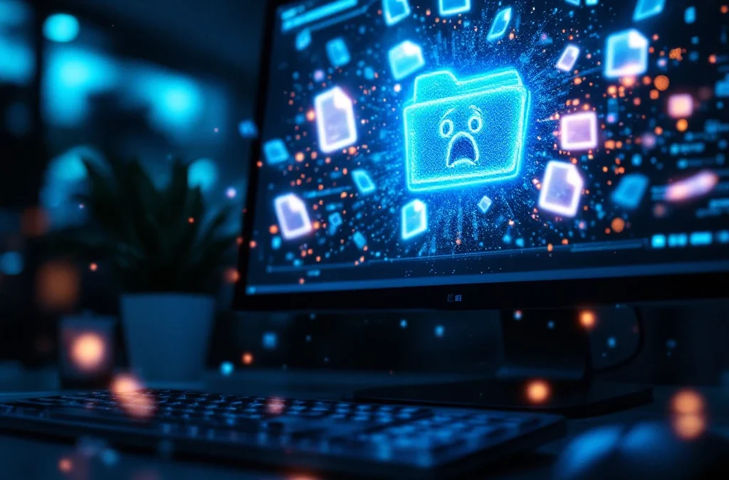 Computerscherm toont lege map met geschokte uitdrukking terwijl bestandspictogrammen oplossen, suggereert dataverlies