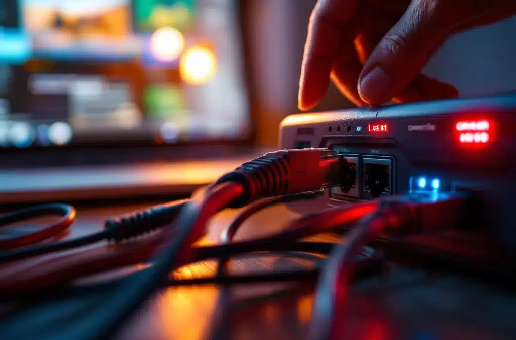 Hand trekt ethernet kabel uit router met rode waarschuwingslampjes, laptop toont verbindingsfout op achtergrond