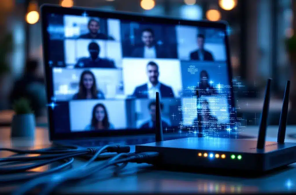 Laptop met vastgelopen videogesprek en router met ethernet kabels op bureau, netwerksignalen zichtbaar