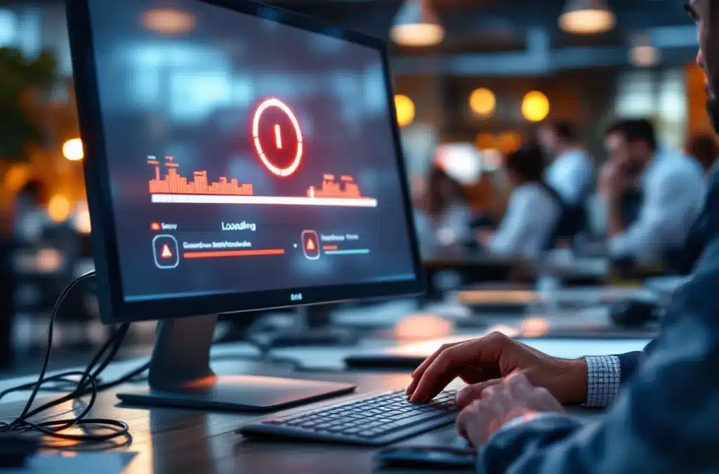 Gefrustreerde zakenman kijkt naar computerscherm met laadspinner en rode netwerkwaarschuwingen op kantoor