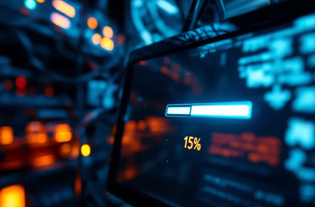 Computerscherm met vastgelopen laadbalken op 15%, losse ethernetkabels en knipperende amber waarschuwingslampjes op de achtergrond