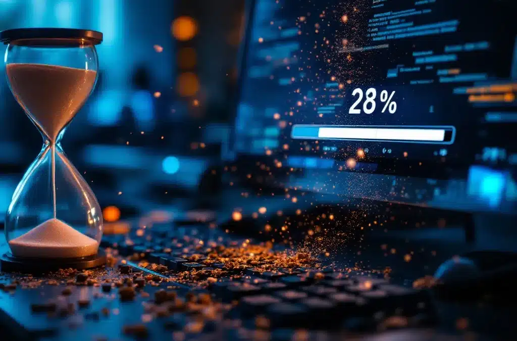 Stoffige computer met 23% laadscherm, zandloper en dalende prestatiegerafieken in dramatische verlichting