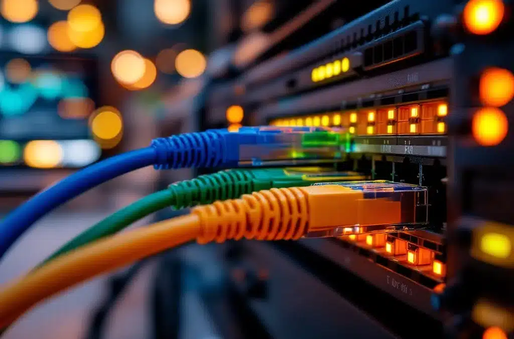 Kleurrijke ethernet kabels aangesloten op moderne netwerkswitch met LED-lampjes, router en laptop op achtergrond