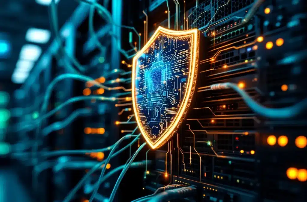 Digitaal beveiligingsschild boven serverrack in datacenter met verlichte glasvezelkabels en blinkende LED's