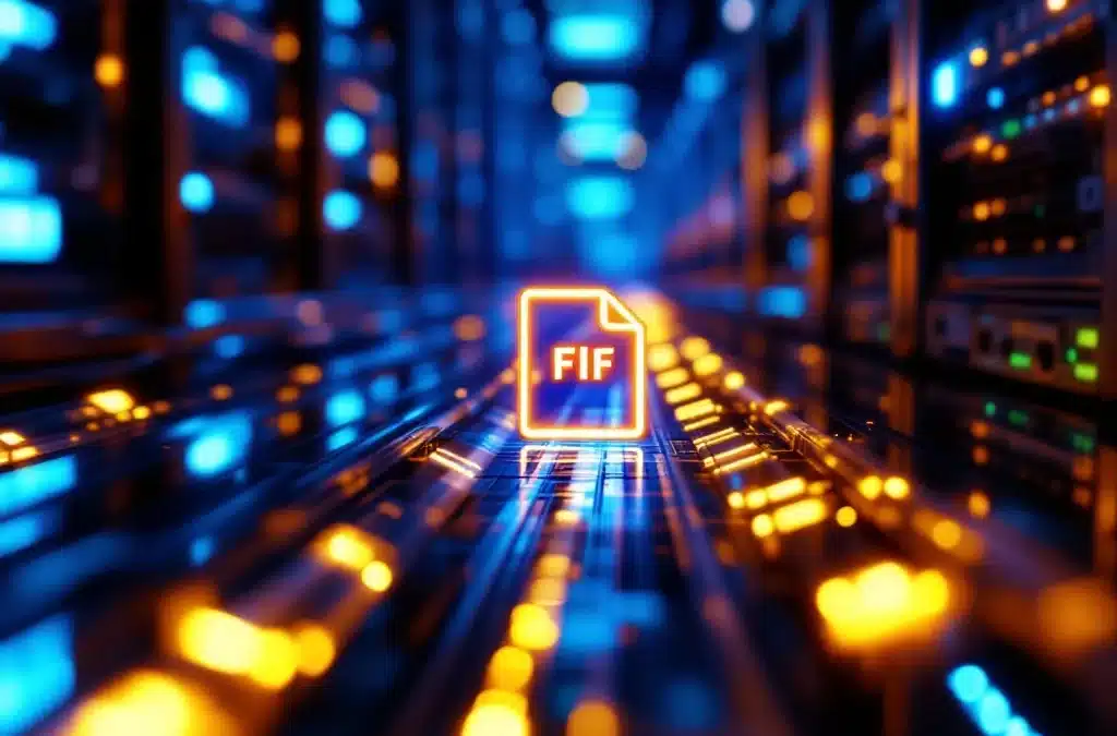 Grote digitale bestand vastgelopen in netwerkpijplijn met ethernet kabels en glasvezel verbindingen op de achtergrond