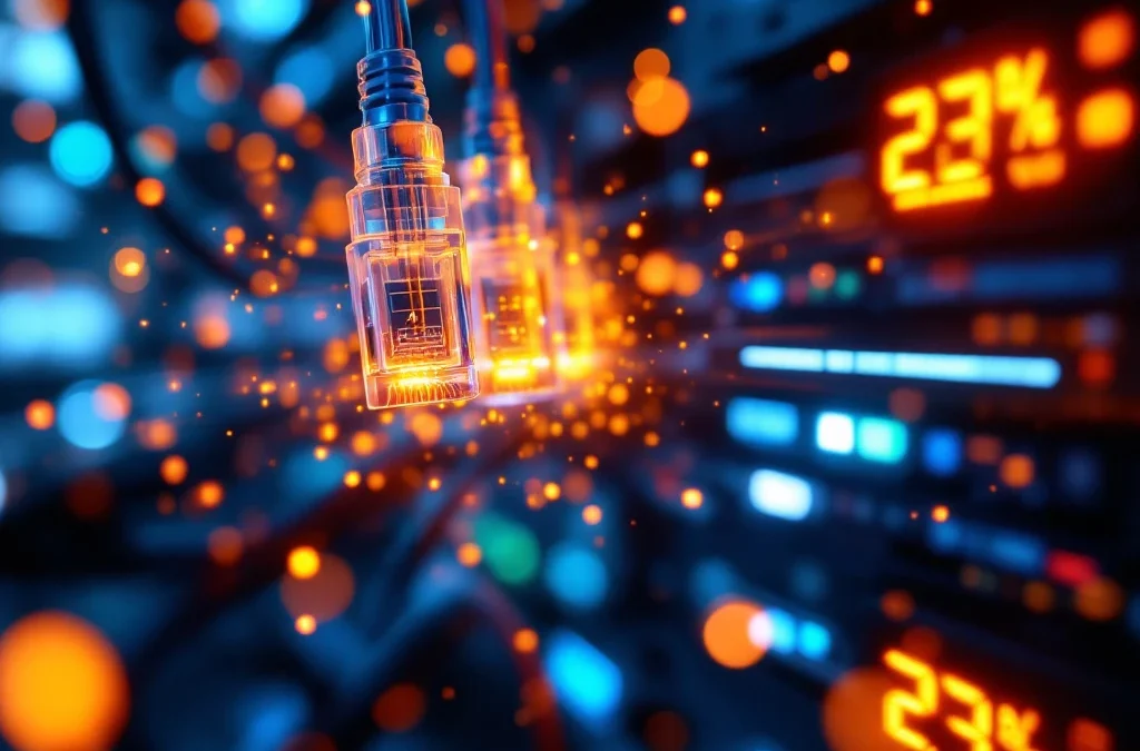 Ethernet- en glasvezelkabels met gloeiende datastromen en 23% voortgangsbalk, serverracks op achtergrond met LED-lampjes