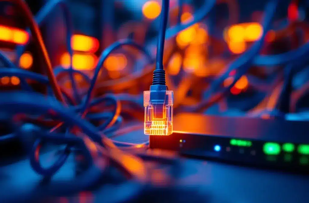 Losgekoppelde ethernet kabels en router met rode en groene LED-indicatoren tonen netwerkconnectiviteitsproblemen