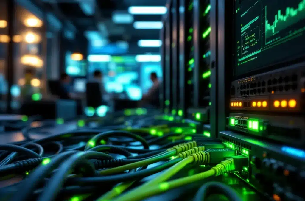 Moderne kantooromgeving tijdens netwerkincident herstel met servers, ethernet kabels en groene statuslampjes die oplichten