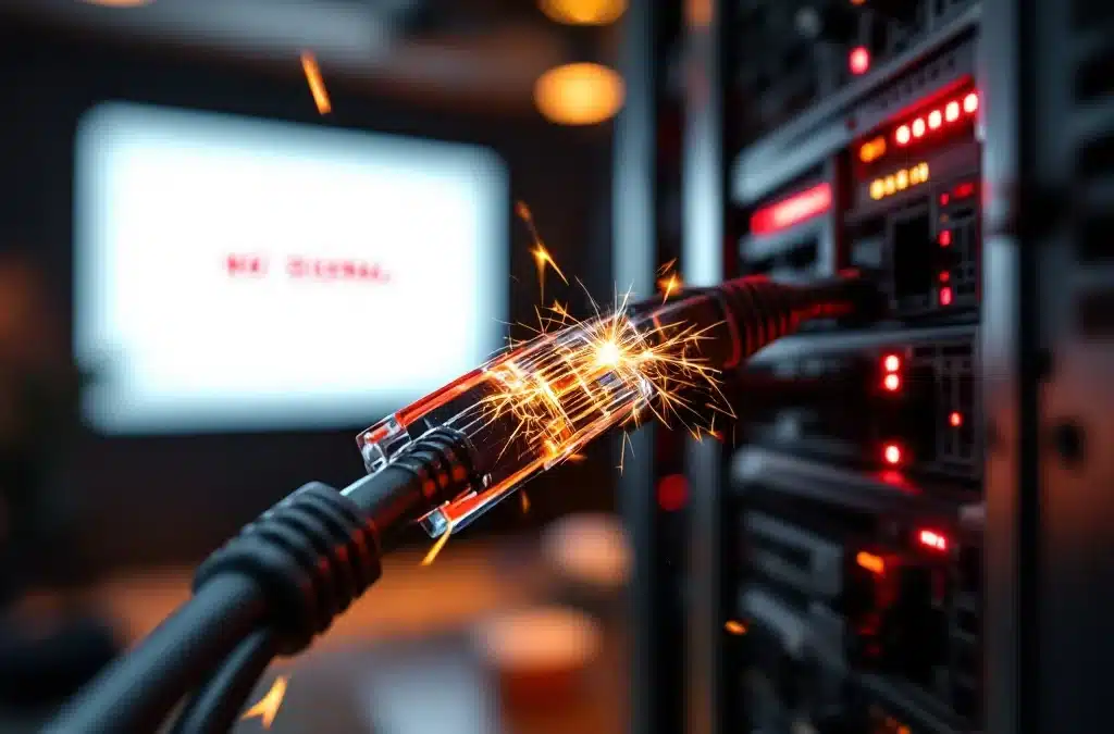 Ethernet-kabel wordt losgekoppeld van netwerkswitch met vonken, conferentieruimte op achtergrond met foutmelding