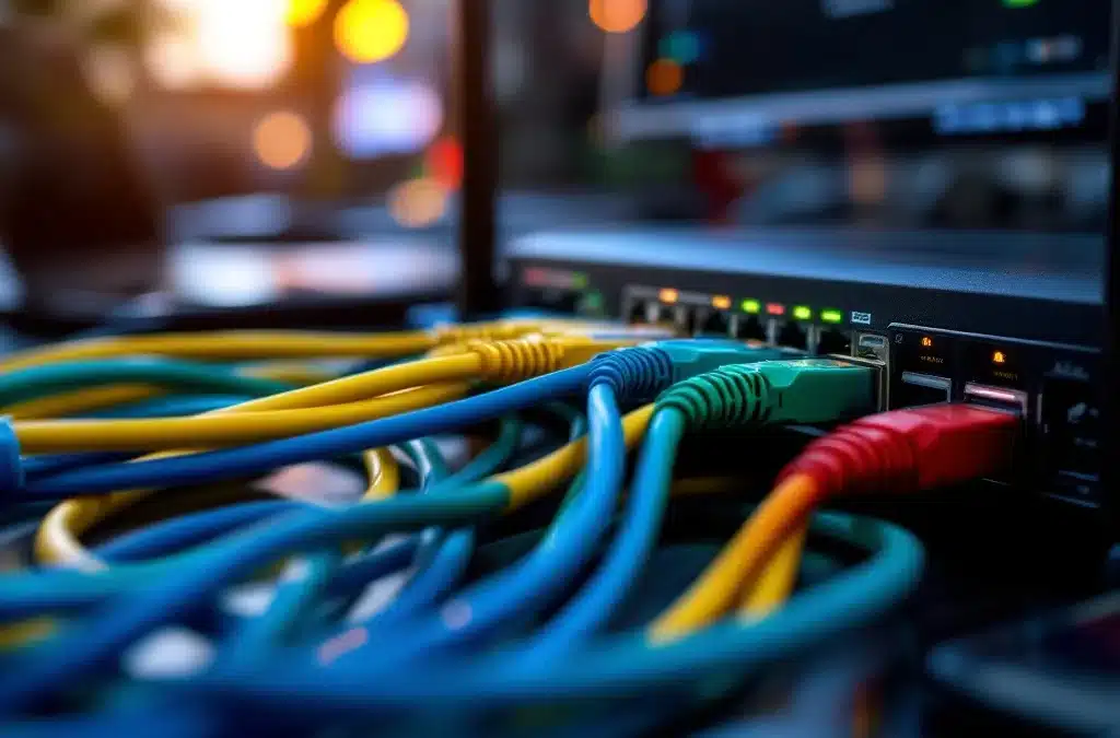 Verwarde ethernet kabels in verschillende kleuren die uit zwarte router komen met rode waarschuwingslampjes