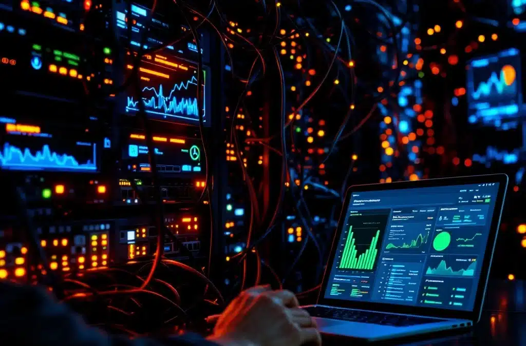 Laptop toont georganiseerd netwerk dashboard met groene statuslampjes tegenover chaotische serverruimte met verward kabels
