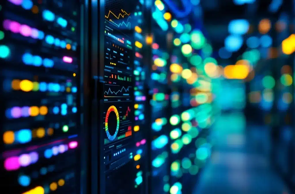 Digitale tablet toont netwerkmonitoring grafieken in moderne datacenter met serverracks en glasvezelkabels