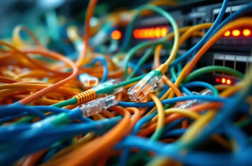 Verwarde netwerkkabels in felle kleuren met oververhitting en rookeffecten, rode waarschuwingslampjes op switches op achtergrond