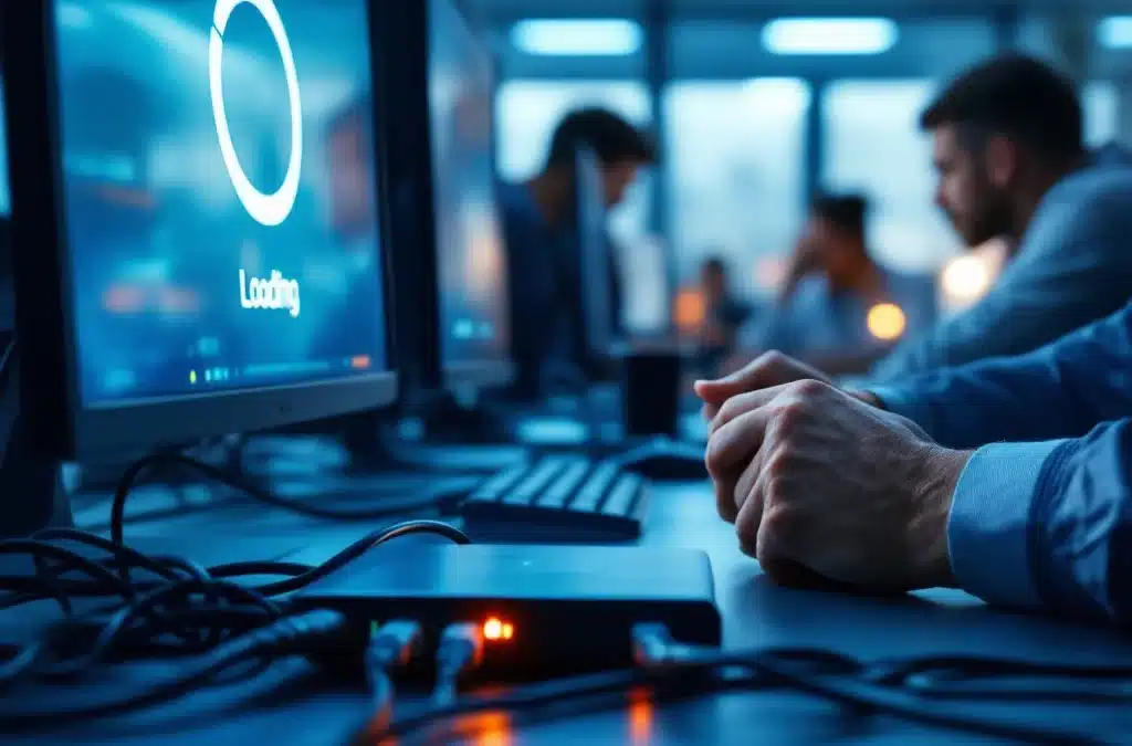 Gefrustreerde zakenman bij vastgelopen computer met losse netwerkkabels en knipperende router met rode waarschuwingslampjes