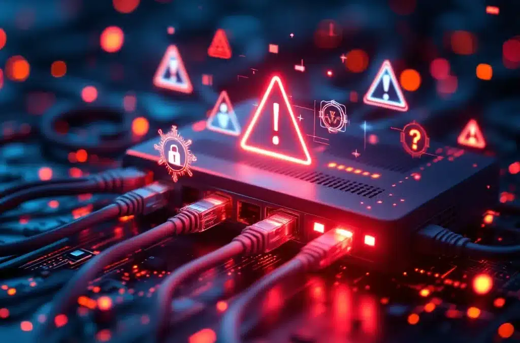Netwerkrouter met rode waarschuwingslampjes en ethernetkabels in donkere, bedreigende sfeer met cyberbeveiliging thema
