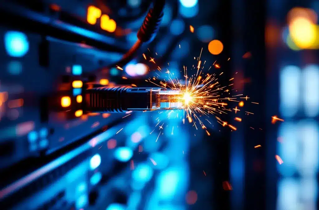 Losgekoppelde ethernetkabel hangt uit netwerkpoort met digitale glitch-effecten in donkere serverruimte