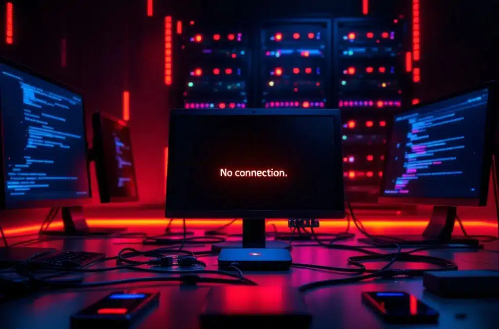 Moderne kantooromgeving met netwerkstoring: computers tonen verbindingsfouten, server met rode waarschuwingslampjes