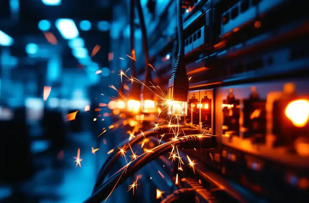 Netwerkstoring in modern kantoor met losgekoppelde ethernetkabels en rode waarschuwingslampjes op netwerkswitch