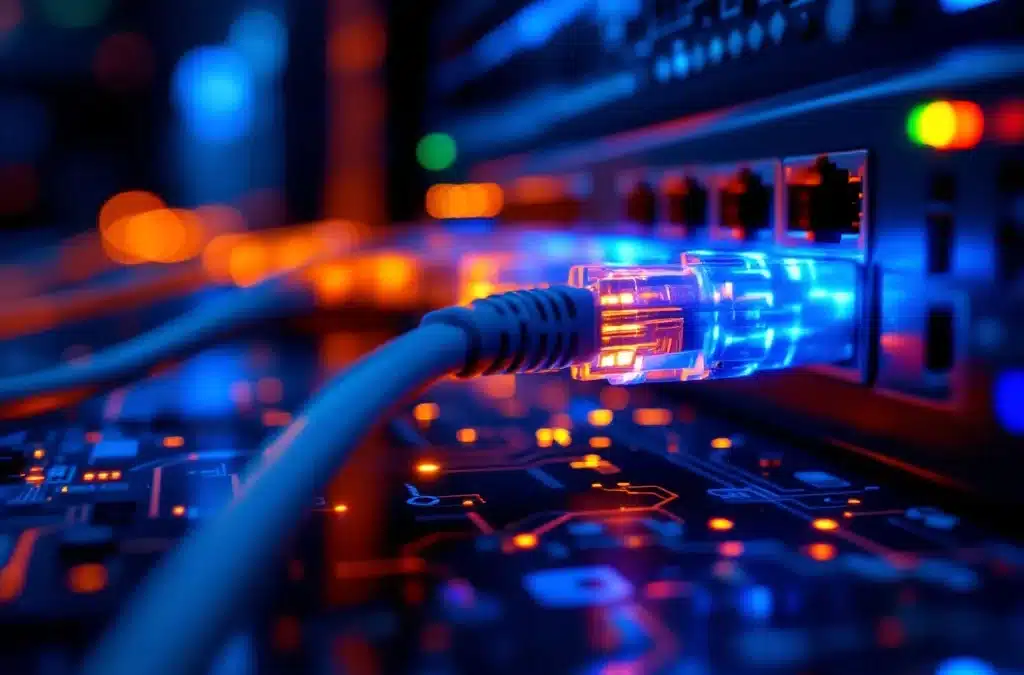 Ethernet-kabels met LED-lampjes aangesloten op netwerkswitch in serveromgeving met glasvezelkabels op achtergrond