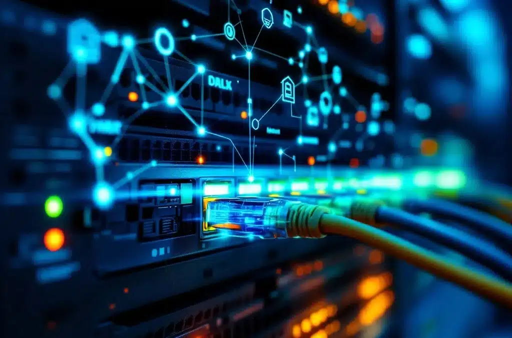 Ethernet-kabels met blauwe en groene LED-lampjes aangesloten op netwerkswitch in serverruimte met holografische datastromen