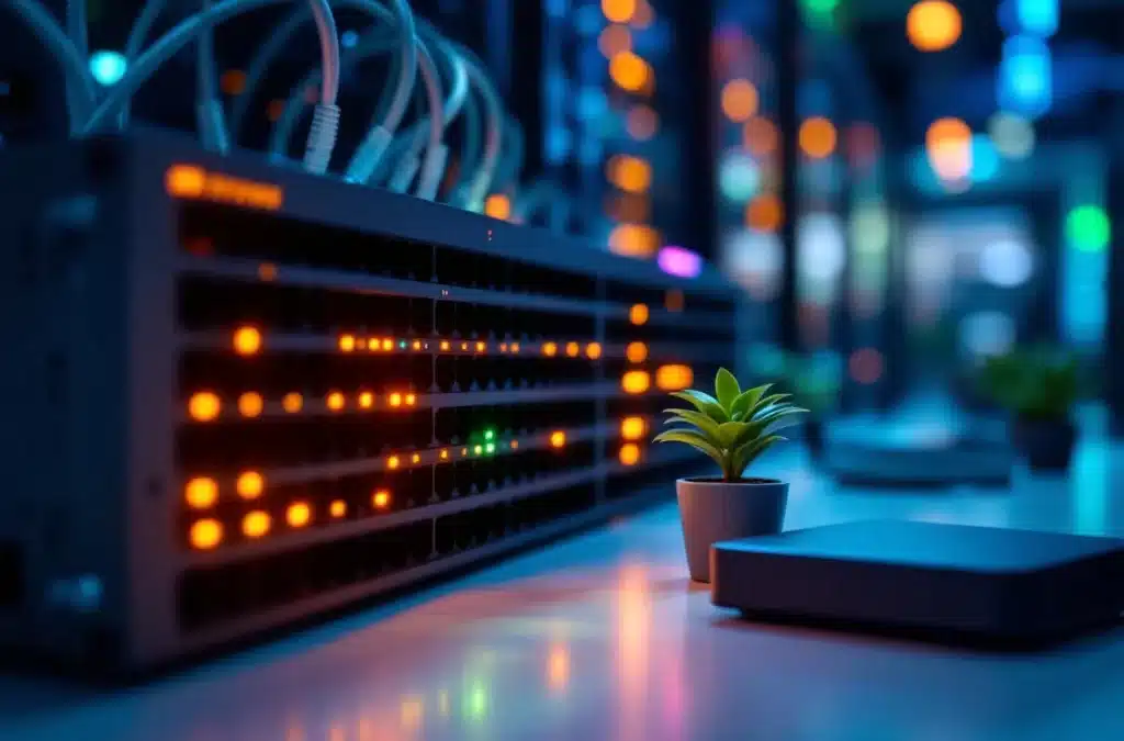 Moderne netwerkswitch met LED-indicatoren en ethernetkabels in serverruimte met kleine plant op bureau
