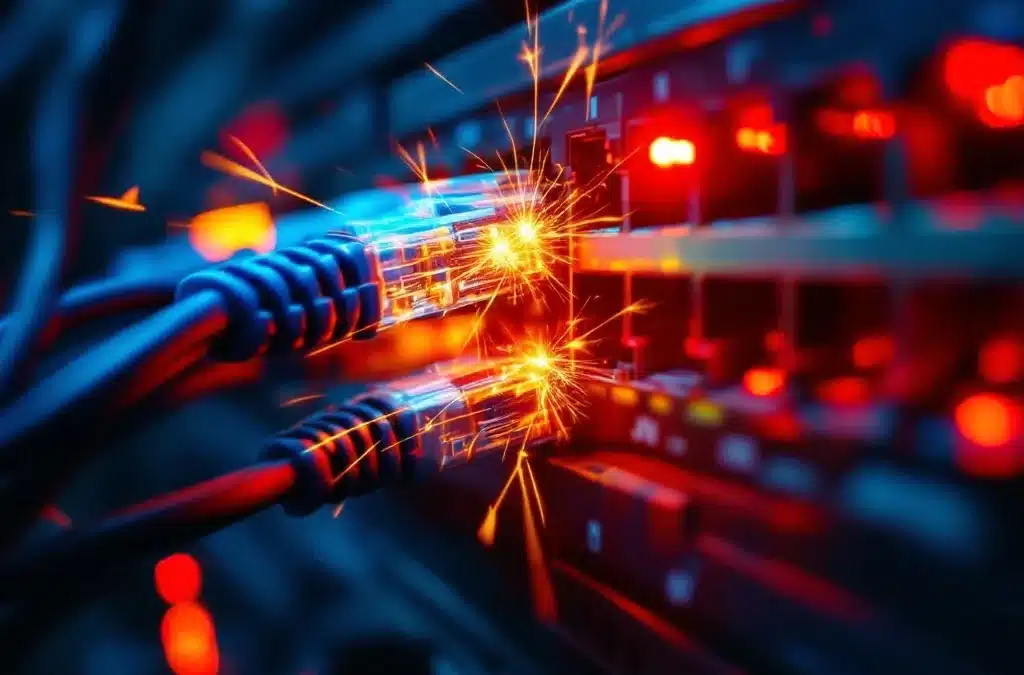 Netwerkswitch met rode en oranje waarschuwingslampjes die netwerkstoringen aangeven in serverruimte