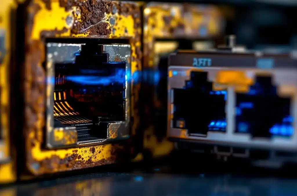 Oude verroeste netwerk switch met beschadigde poorten naast nieuwe moderne switch met blauwe LED-lampjes