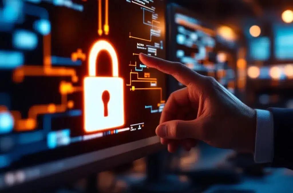 Hand reikt naar computerscherm met "Toegang geweigerd" melding, netwerkdiagrammen op achtergrond, ICT kantooromgeving