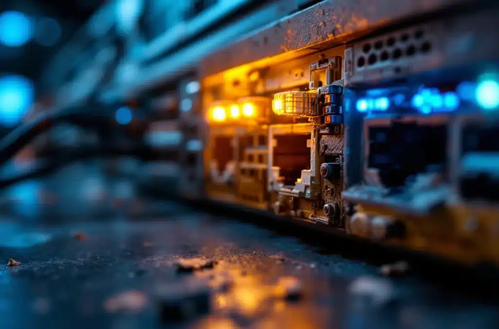 Verouderde netwerkswitch met vergeelde behuizing, gerafelde kabels en knipperende LED-lampjes naast moderne apparatuur