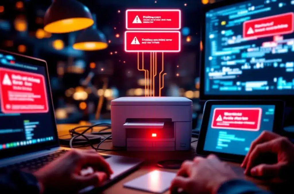 Meerdere computerschermen tonen rode foutmeldingen bij printerproblemen, handen boven toetsenborden, printer op achtergrond