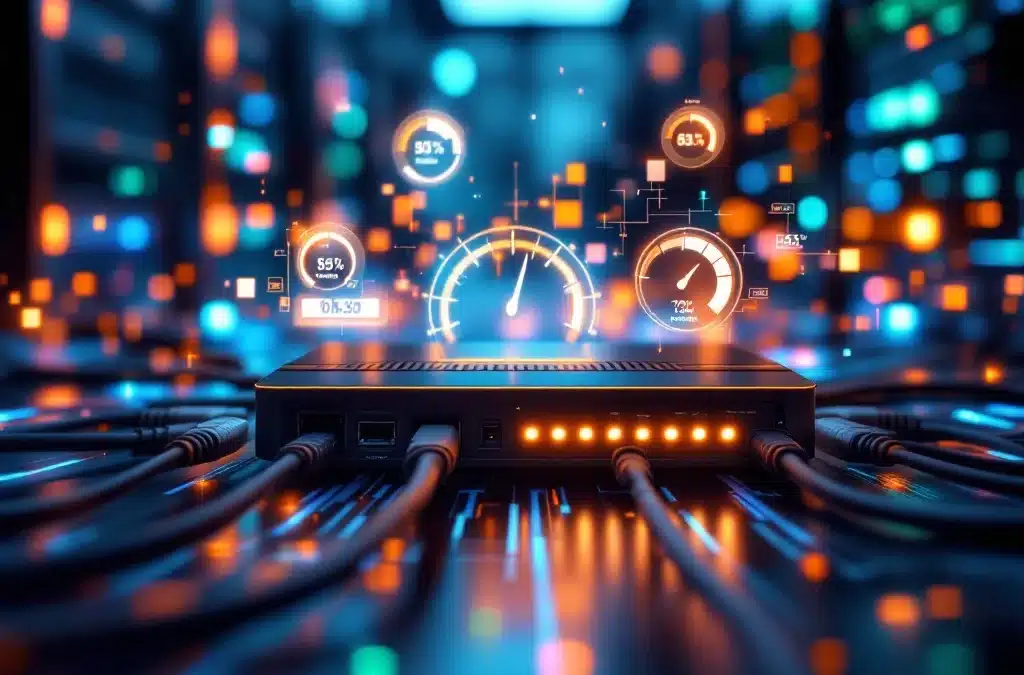 Moderne router met gloeiende LED-indicatoren, ethernet-kabels en digitale datastromen met snelheidsmeters op achtergrond