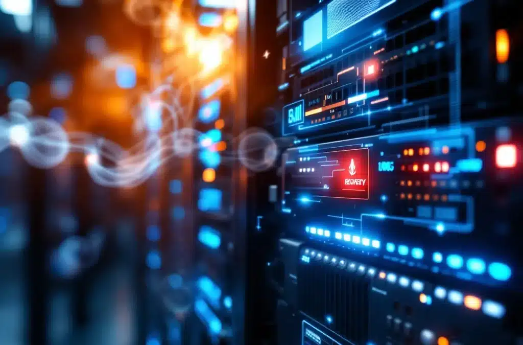 Serverrek met blauwe LED-indicatoren en rode waarschuwingslamp in datacenter met netwerkverbindingen en herstelvoortgang