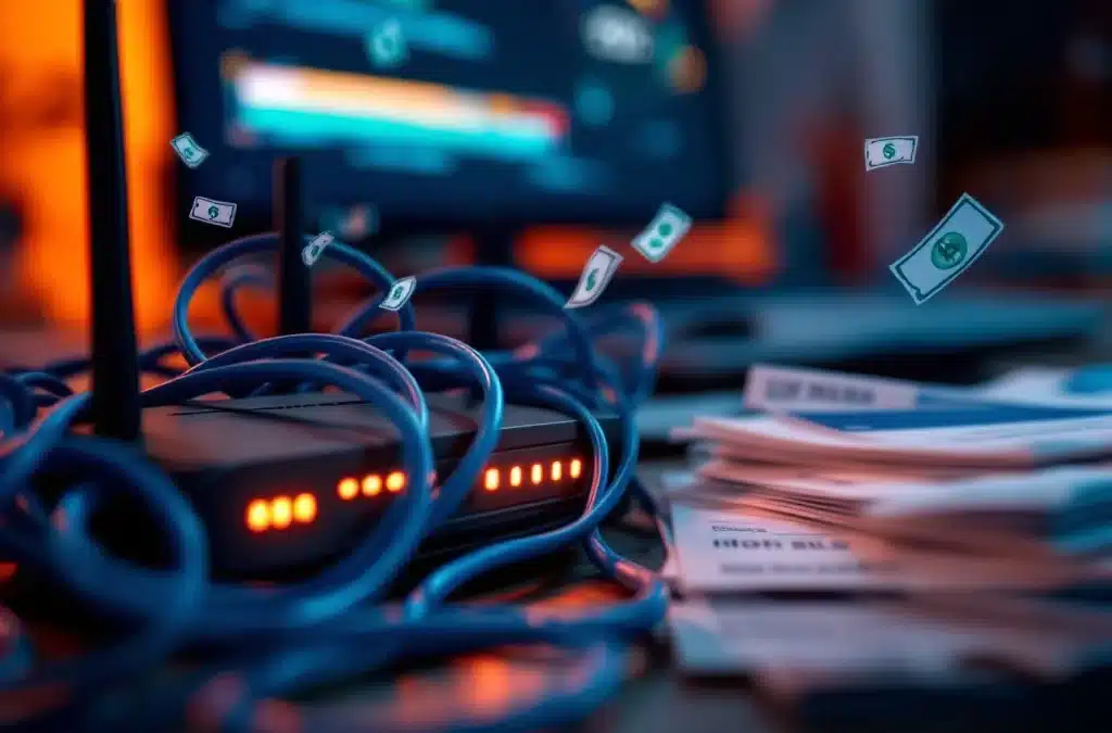 Gefrustreerde router met rode lampjes naast dure internetrekeningen, trage verbindingssnelheden en verwarde ethernetkabels
