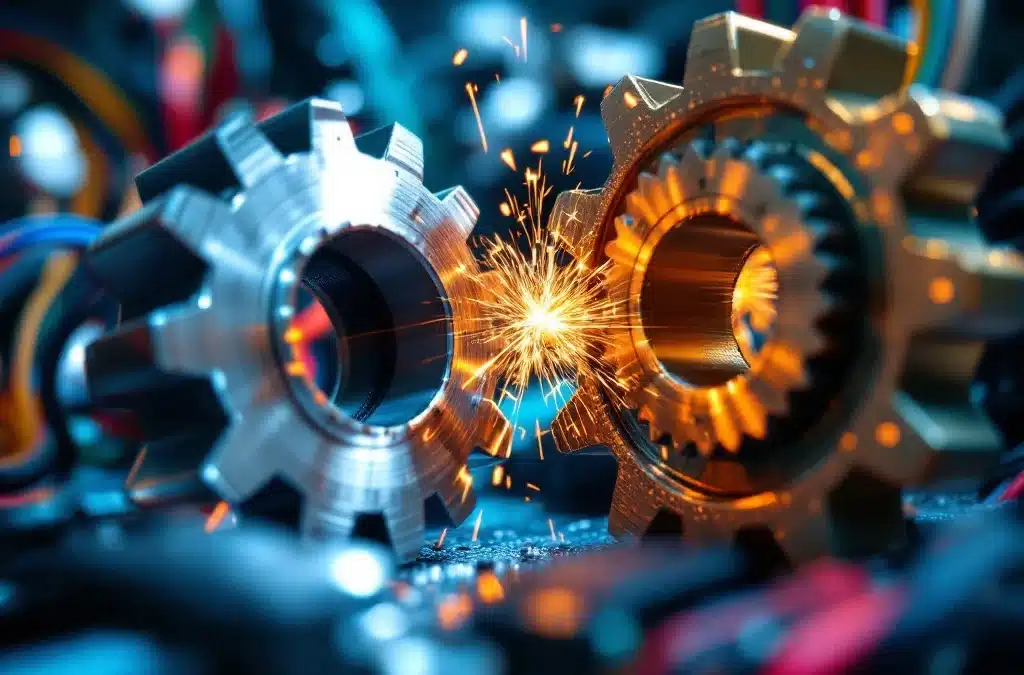 Twee misuitgelijnde tandwielen van zilver en brons met vonken, tegen achtergrond van computerkabels en printplaten