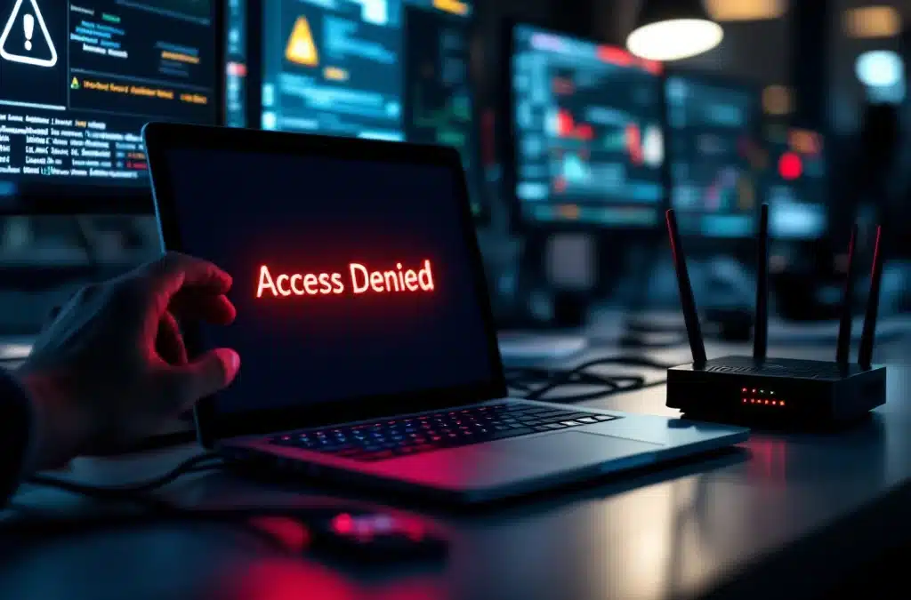 Gefrustreerde kantoormedewerker reikt naar laptop met "Toegang Geweigerd" foutmelding, omringd door offline netwerkapparatuur