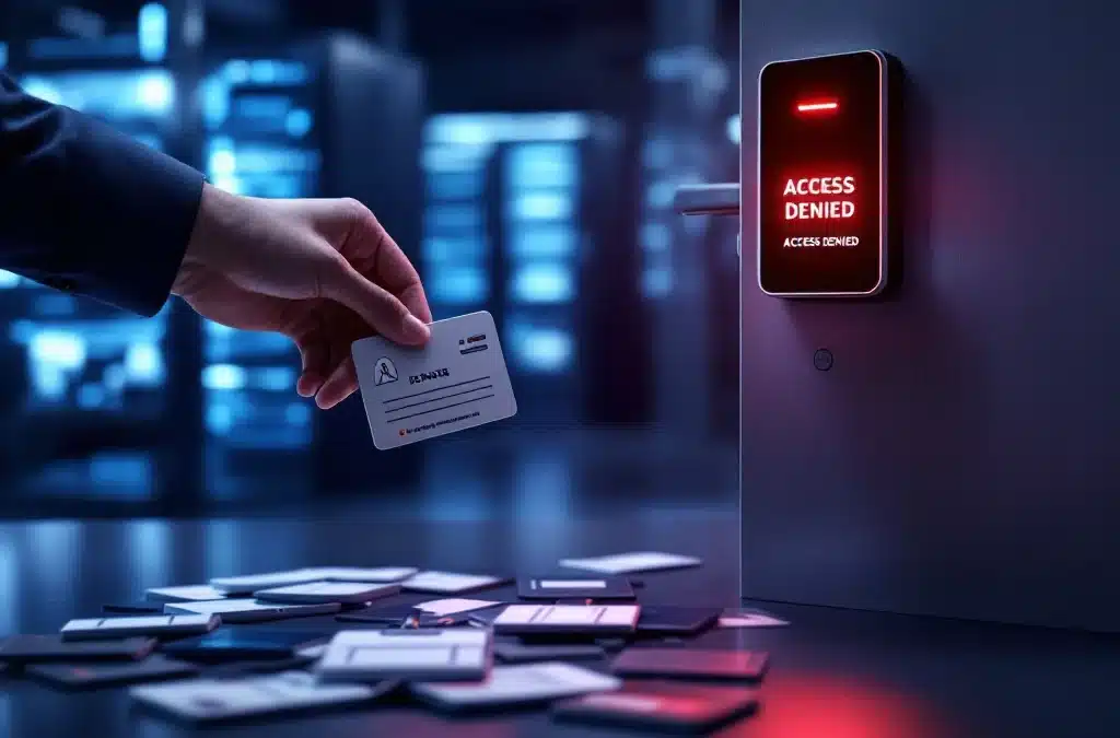 Professionele hand houdt keycard bij kantoor deur met rood "TOEGANG GEWEIGERD" licht, ID badges op bureau met servers