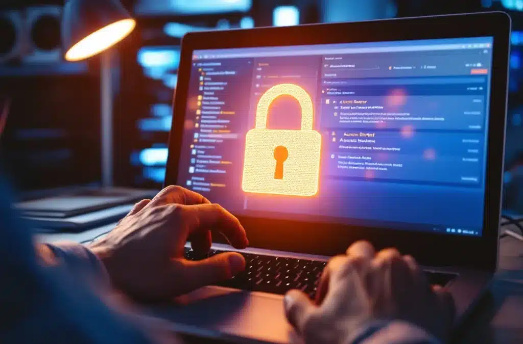 Gefrustreerde handen reiken naar laptopscherm met toegang geweigerd foutmelding en vergrendelde bestanden in kantoor